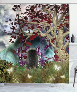 Gothic Forest Shower Curtain with Magic Tree and Secret Cave Moon Illustration for Bathroom Decor
