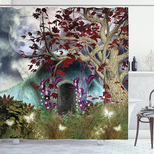 Gothic Forest Shower Curtain with Magic Tree and Secret Cave Moon Illustration for Bathroom Decor