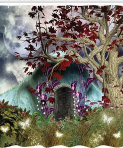 Gothic Forest Shower Curtain with Magic Tree and Secret Cave Moon Illustration for Bathroom Decor