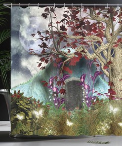 Gothic Forest Shower Curtain with Magic Tree and Secret Cave Moon Illustration for Bathroom Decor