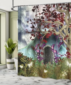 Gothic Forest Shower Curtain with Magic Tree and Secret Cave Moon Illustration for Bathroom Decor