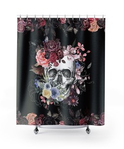 Gothic Red Roses Flower Pastel Skull Tattoo Retro Vintage Scary Horror Halloween Spooky Night Shower Curtain