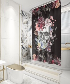 Gothic Red Roses Flower Pastel Skull Tattoo Retro Vintage Scary Horror Halloween Spooky Night Shower Curtain