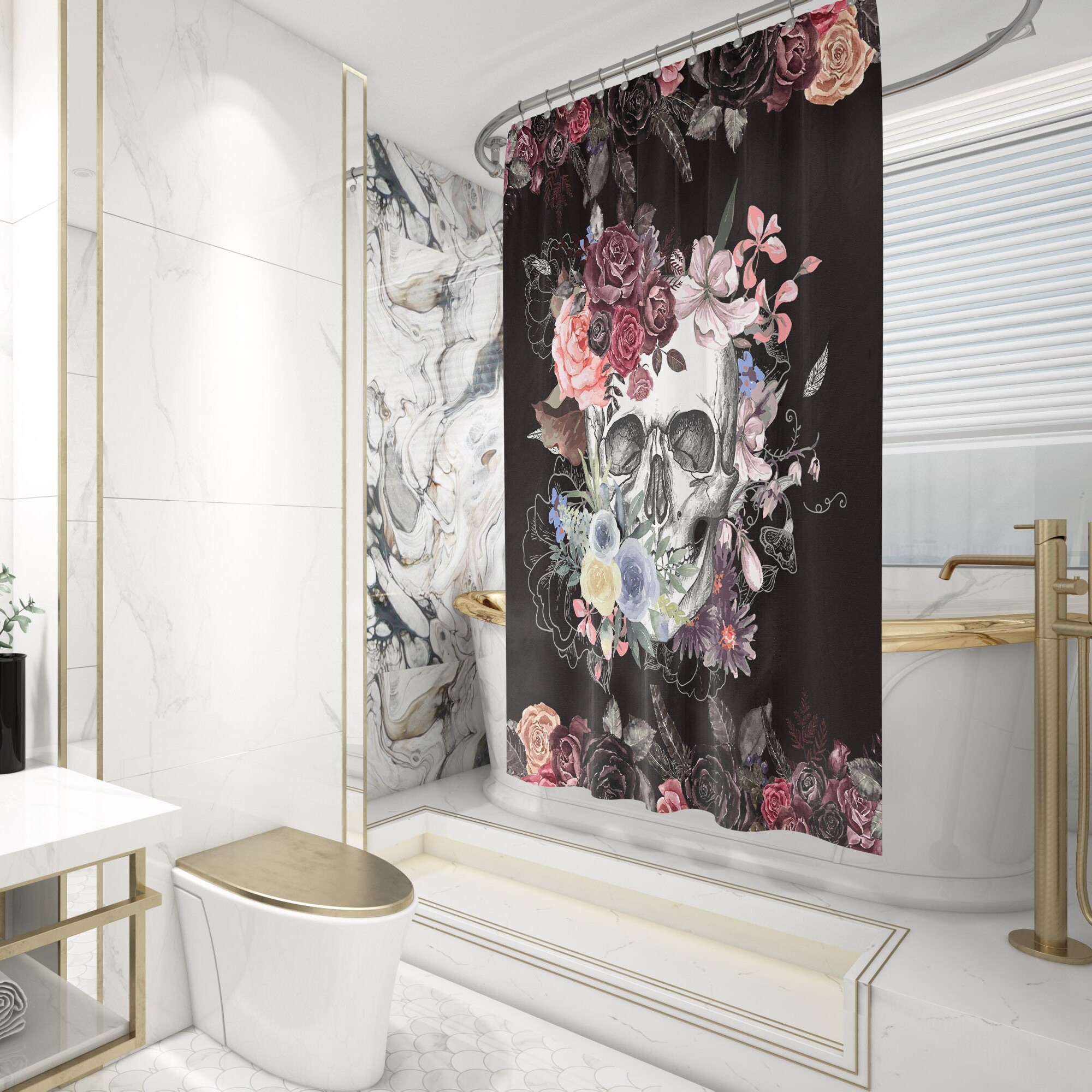Gothic Red Roses Flower Pastel Skull Tattoo Retro Vintage Scary Horror Halloween Spooky Night Shower Curtain
