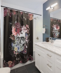Gothic Red Roses Flower Pastel Skull Tattoo Retro Vintage Scary Horror Halloween Spooky Night Shower Curtain