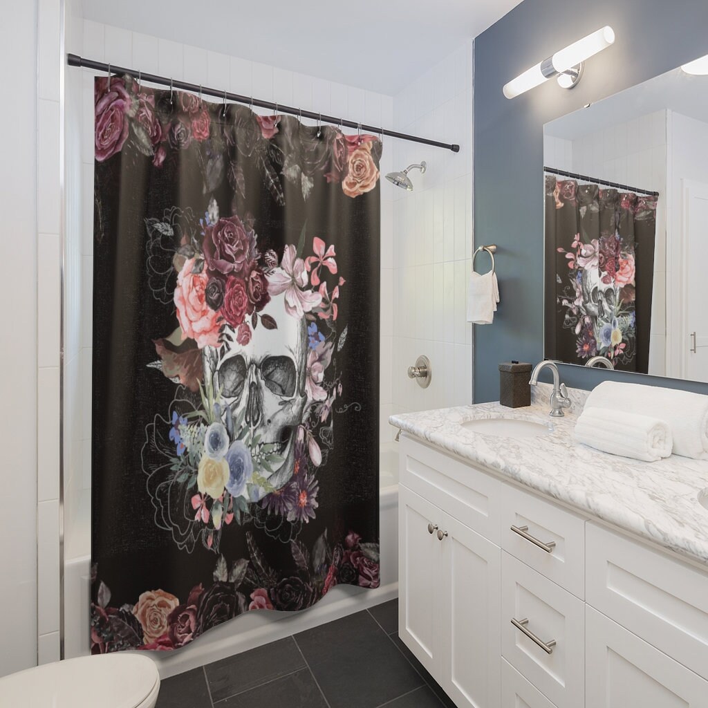 Gothic Red Roses Flower Pastel Skull Tattoo Retro Vintage Scary Horror Halloween Spooky Night Shower Curtain