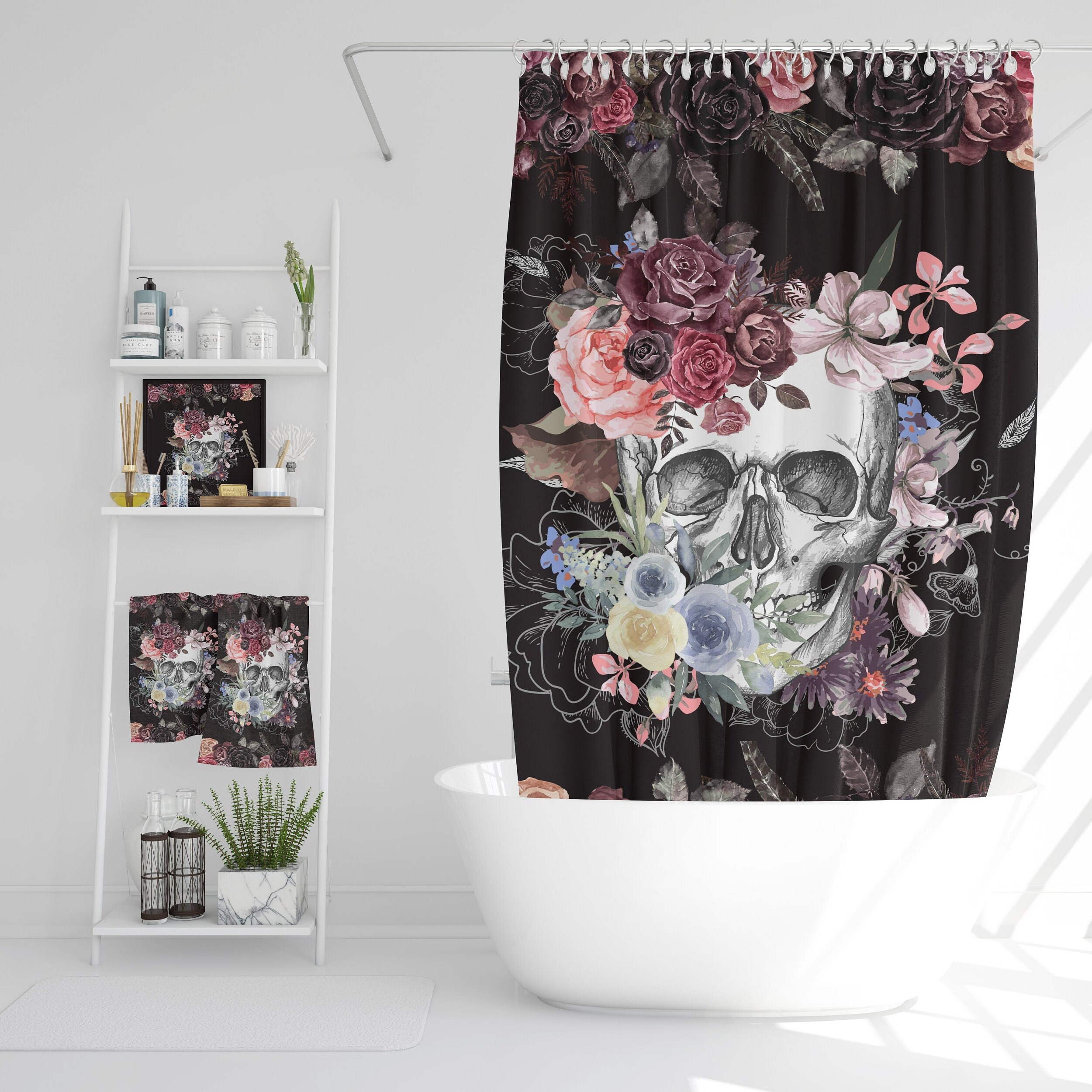 Gothic Red Roses Flower Pastel Skull Tattoo Retro Vintage Scary Horror Halloween Spooky Night Shower Curtain