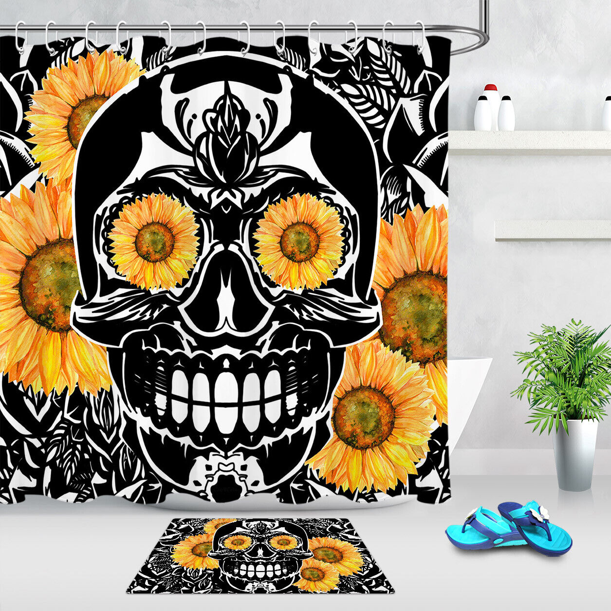 Gothic Skull Sunflowers Waterproof Fabric Shower Curtain for Bathroom Decor