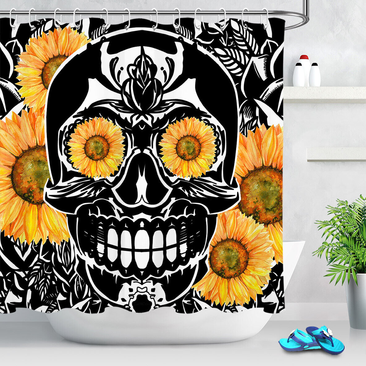 Gothic Skull Sunflowers Waterproof Fabric Shower Curtain for Bathroom Decor