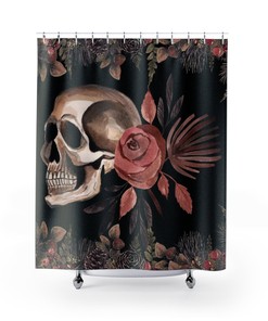 Gothic Style Boho Shower Curtain with Horror Skull Head Tattoo and Retro Flowers - Vintage Scary Bathroom Decor