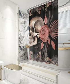 Gothic Style Boho Shower Curtain with Horror Skull Head Tattoo and Retro Flowers - Vintage Scary Bathroom Decor