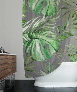 Gray Forest Green Jungle Monstera Leaves Boho Shower Curtain with Watercolor Design