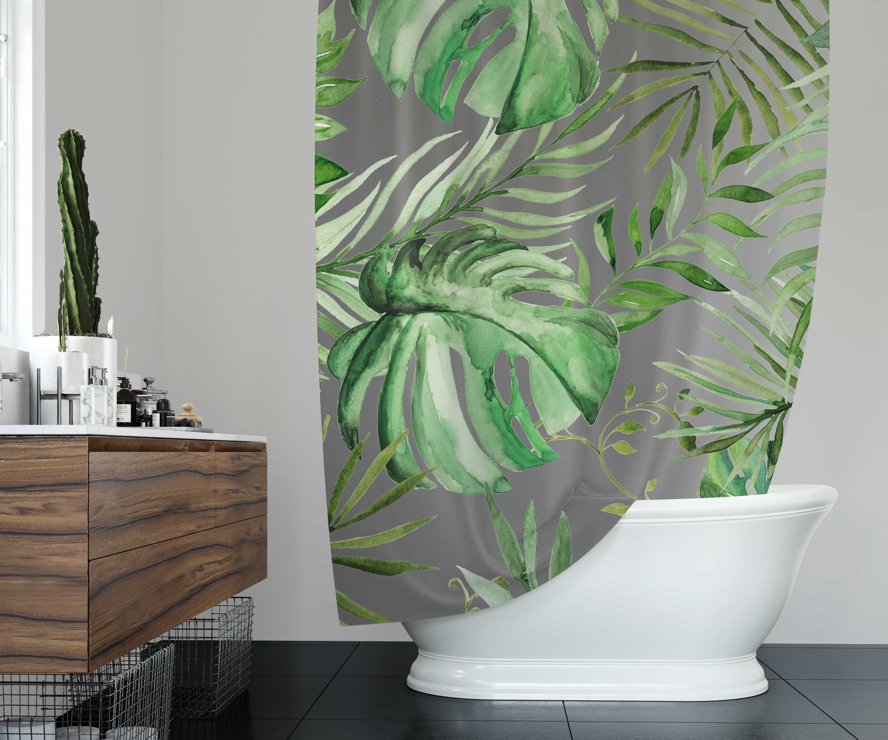Gray Forest Green Jungle Monstera Leaves Boho Shower Curtain with Watercolor Design