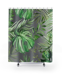 Gray Forest Green Jungle Monstera Leaves Boho Shower Curtain with Watercolor Design