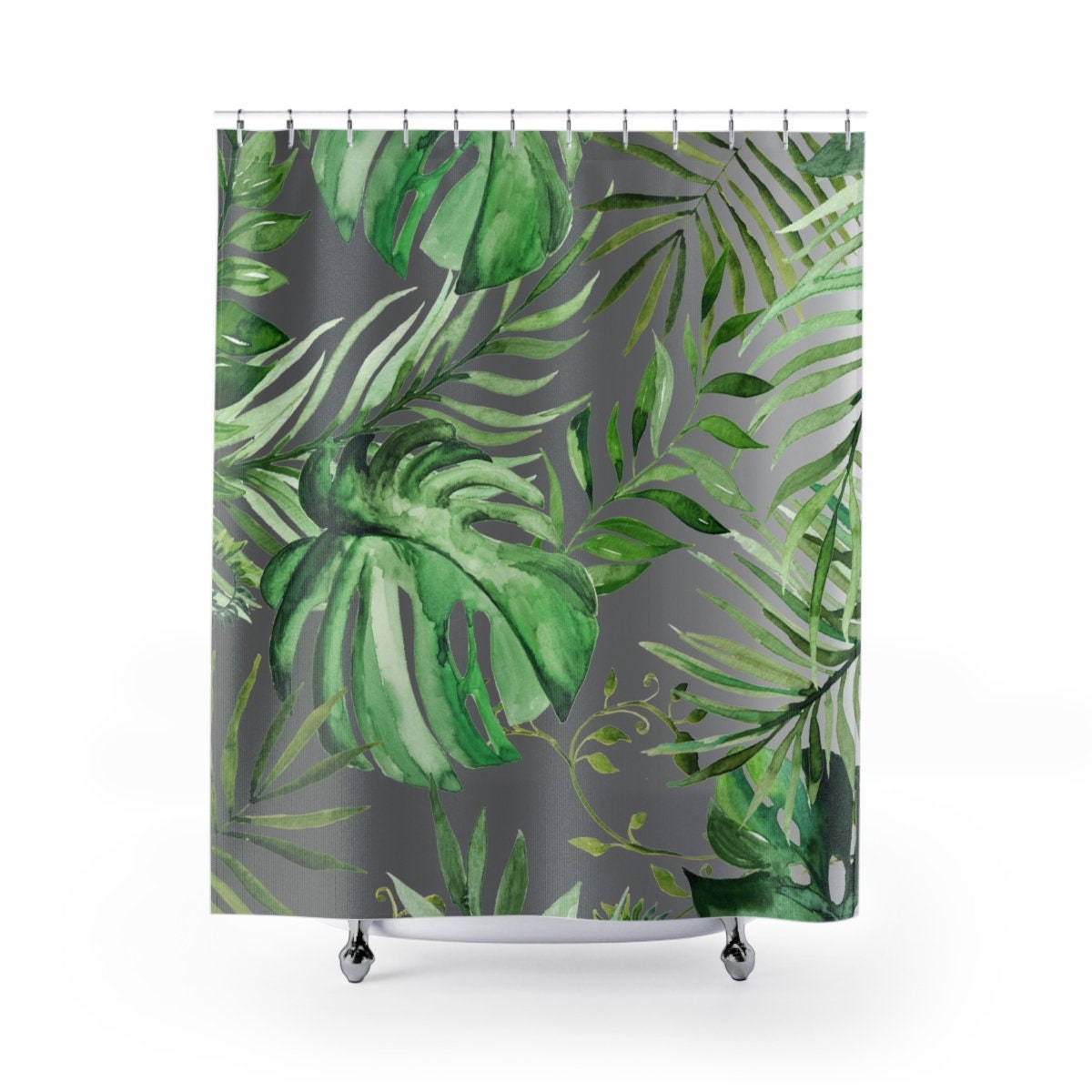 Gray Forest Green Jungle Monstera Leaves Boho Shower Curtain with Watercolor Design