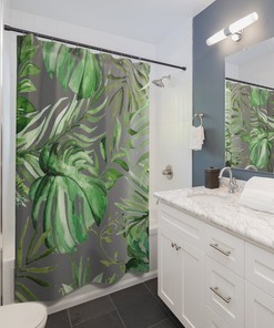 Gray Forest Green Jungle Monstera Leaves Boho Shower Curtain with Watercolor Design