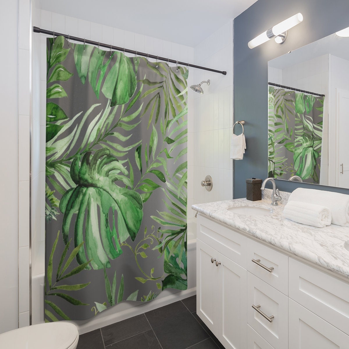 Gray Forest Green Jungle Monstera Leaves Boho Shower Curtain with Watercolor Design