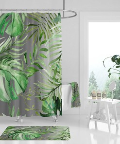 Gray Forest Green Jungle Monstera Leaves Boho Shower Curtain with Watercolor Design
