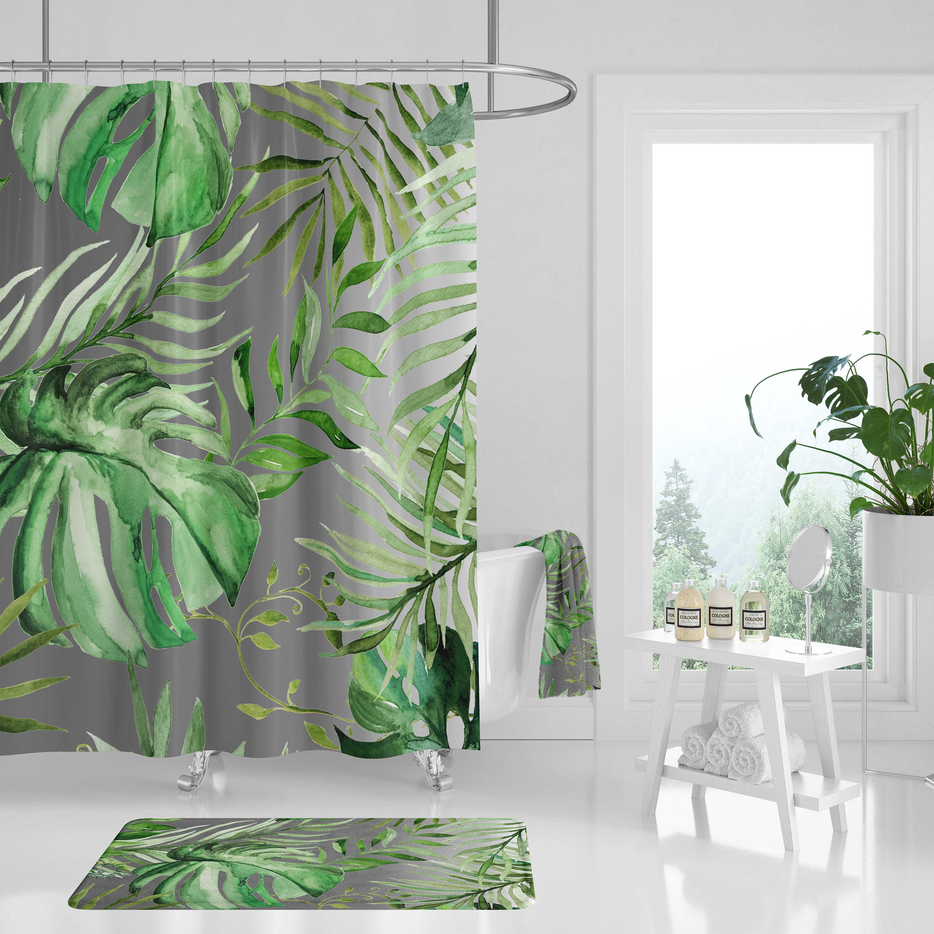 Gray Forest Green Jungle Monstera Leaves Boho Shower Curtain with Watercolor Design