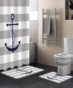 Gray Nautical Anchor Geometric Stripes Pattern Shower Curtain for a Coastal Bathroom Decor