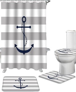 Gray Nautical Anchor Geometric Stripes Pattern Shower Curtain for a Coastal Bathroom Decor