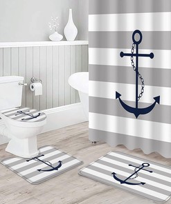 Gray Nautical Anchor Geometric Stripes Pattern Shower Curtain for a Coastal Bathroom Decor