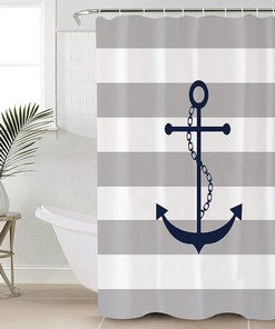 Gray Nautical Anchor Geometric Stripes Pattern Shower Curtain for a Coastal Bathroom Decor