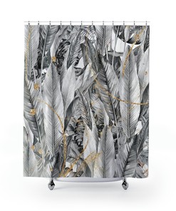 Gray Ombre Floral Shower Curtain with Minimalist Tropical Botanical Jungle Palm Leaves - Boho Home Decor