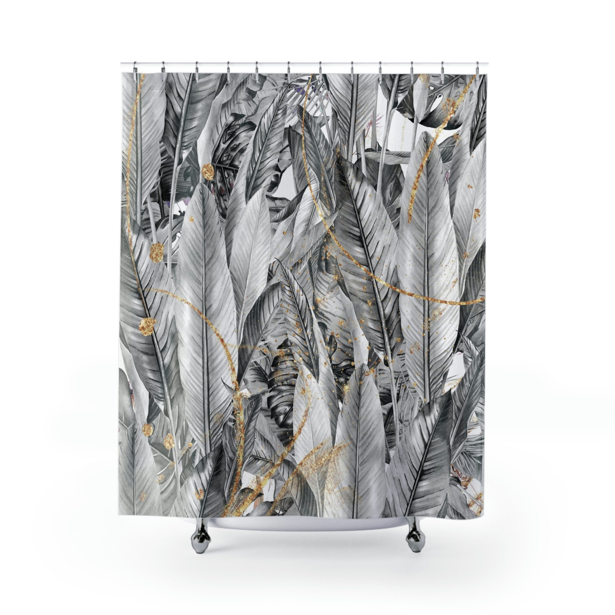 Gray Ombre Floral Shower Curtain with Minimalist Tropical Botanical Jungle Palm Leaves - Boho Home Decor