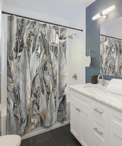 Gray Ombre Floral Shower Curtain with Minimalist Tropical Botanical Jungle Palm Leaves - Boho Home Decor