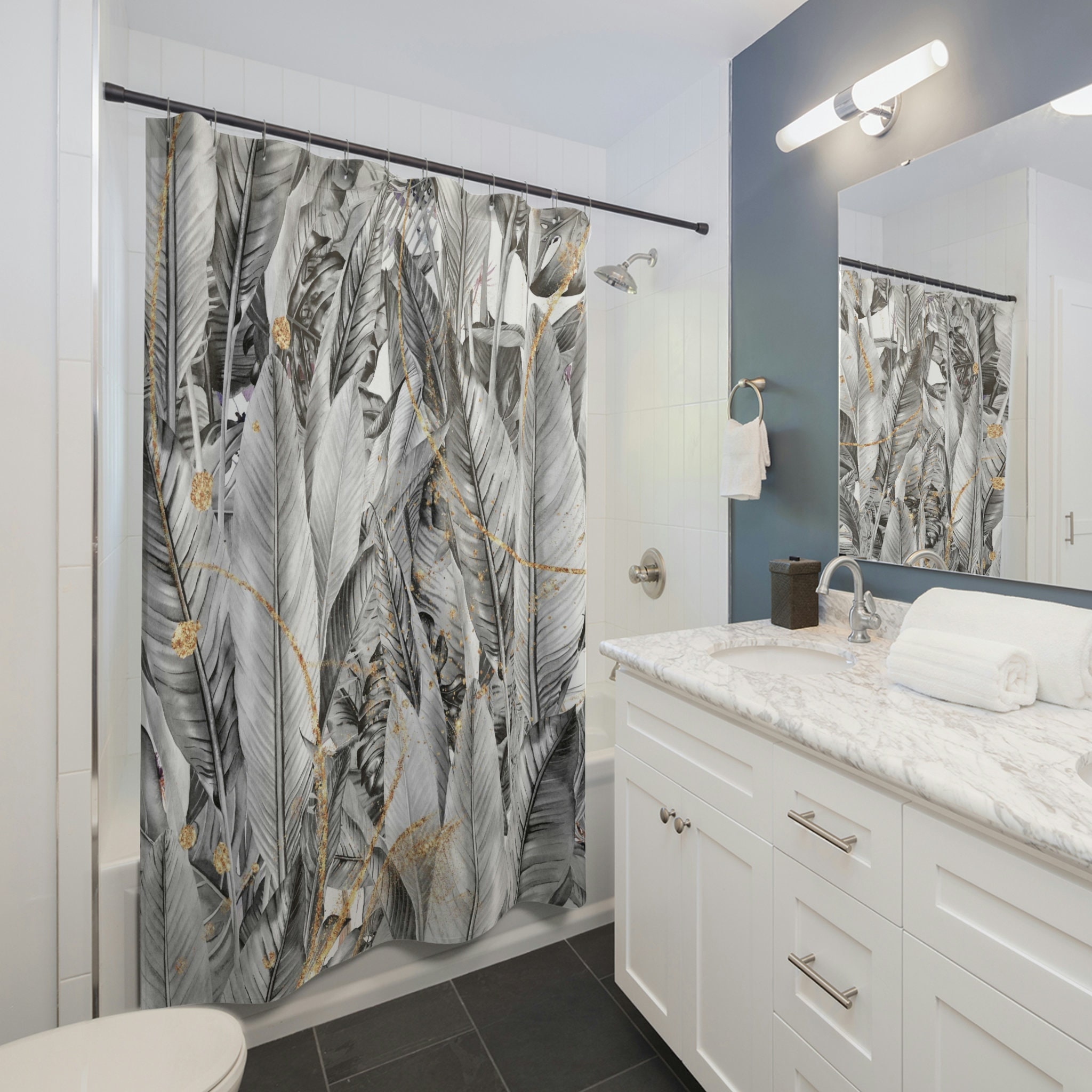 Gray Ombre Floral Shower Curtain with Minimalist Tropical Botanical Jungle Palm Leaves - Boho Home Decor