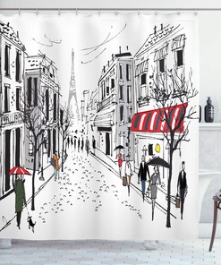 Gray White Paris Shower Curtain, Pedestrians Stores Trees and Eiffel Tower Silhouette, Bathroom Decor 