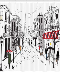 Gray White Paris Shower Curtain, Pedestrians Stores Trees and Eiffel Tower Silhouette, Bathroom Decor