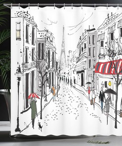 Gray White Paris Shower Curtain, Pedestrians Stores Trees and Eiffel Tower Silhouette, Bathroom Decor 