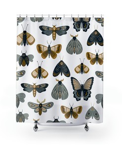 Gray and Blue Boho Butterfly Shower Curtain for Minimalist Cottagecore 