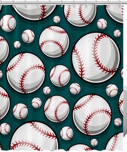 Green Baseball Print Shower Curtain for Sports Bathroom Decor 