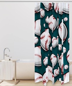 Green Baseball Print Shower Curtain for Sports Bathroom Decor 