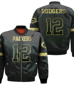 Green Bay Packers 12 Aaron Rodgers Black Golden Edition Jersey Inspired Bomber Jacket