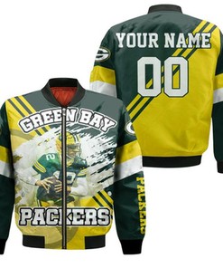Green Bay Packers Aaron Rodgers 12 Illustrated For Fans Personalized Bomber Jacket Model 2238