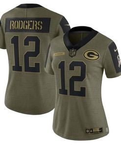 Green Bay Packers Aaron Rodgers 12 Nfl Olive 2021 Salute To Service Player Women Jersey For Packers Fans
