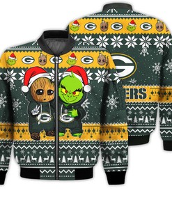 Green Bay Packers Baby Groot And Grinch Best Friends Football American Ugly Christmas Sweater Gifts Unisex 3D Bomber Jacket