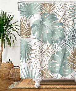 Green Boho Palm Leaf Watercolor Shower Curtain - Bathroom Decor