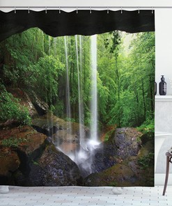 Green Brown Natural Cave Shower Curtain with Still Waterfall and Northern Alabama Habitat Design for a Calm Bathroom Decor