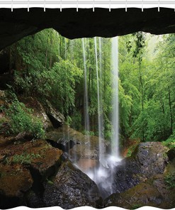 Green Brown Natural Cave Shower Curtain with Still Waterfall and Northern Alabama Habitat Design for a Calm Bathroom Decor