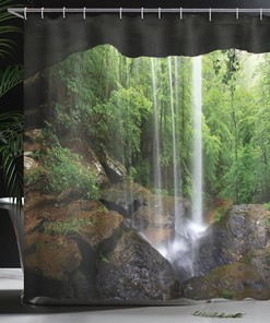 Green Brown Natural Cave Shower Curtain with Still Waterfall and Northern Alabama Habitat Design for a Calm Bathroom Decor