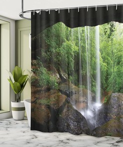 Green Brown Natural Cave Shower Curtain with Still Waterfall and Northern Alabama Habitat Design for a Calm Bathroom Decor