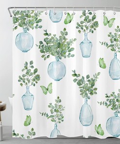 Green Butterfly and Eucalyptus Leaf in Watercolor Vase Shower Curtain for Bathroom with Sage Green Leaf for Bathroom Decor