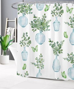 Green Butterfly and Eucalyptus Leaf in Watercolor Vase Shower Curtain for Bathroom with Sage Green Leaf for Bathroom Decor