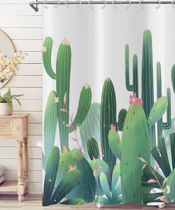 Green Cactus Watercolor Plant Floral Shower Curtain - Home Decor Bathroom Curtain