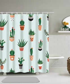 Green Cactus and Succulents Shower Curtain - Pot Botanical Bathroom Decor Waterproof Fabric Set for Your Home